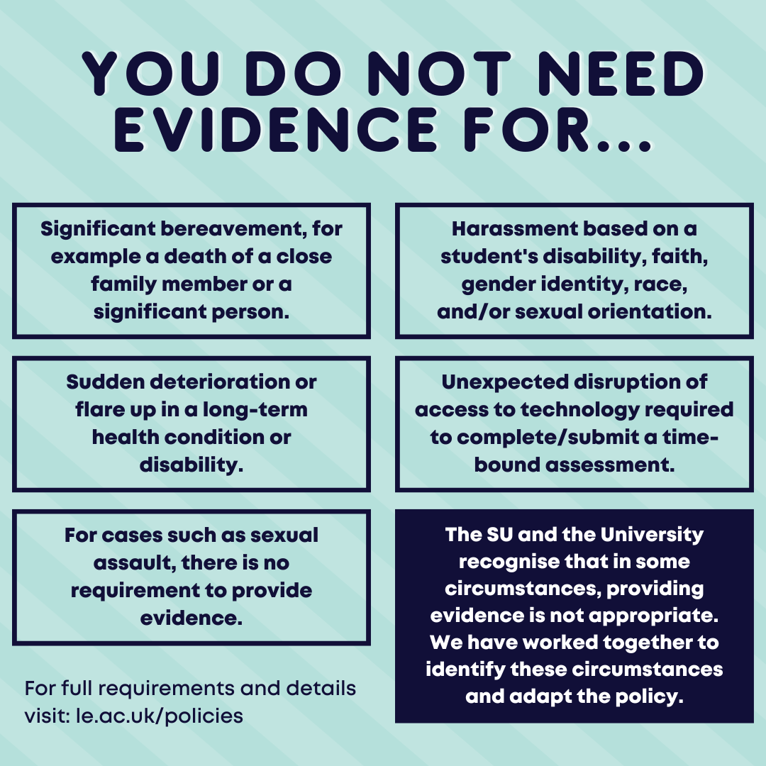  You do not need evidence for... Significant bereavement, for example a death of a close family member or a significant person. Sudden deterioration or flare up in a long-term health condition or disability. For cases such as sexual assault, there is no requirement to provide evidence. Harassment based on a student's disability, faith, gender identity, race, and/or sexual orientation. Unexpected disruption of access to technology required to complete/submit a time-bound assessment. The SU and the University recognise that in some circumstances, providing evidence is not appropriate. We have worked together to identify these circumstances and adapt the policy.