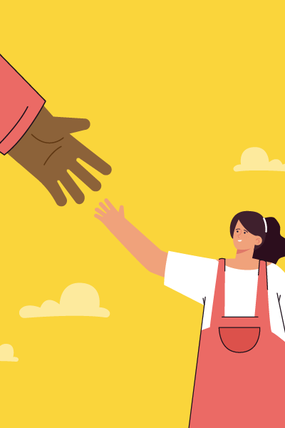 Illustration of person reaching out to large hand