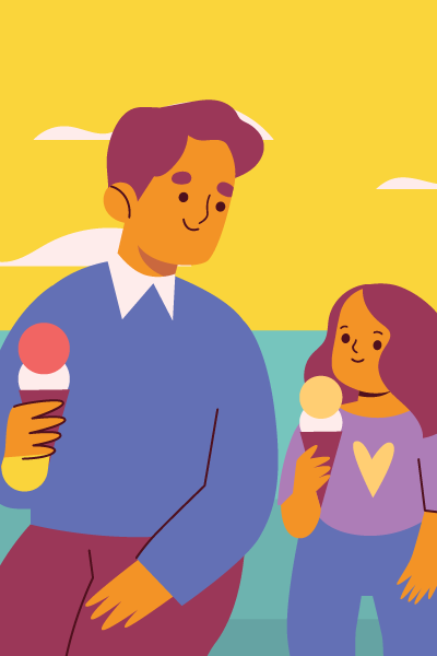 Illustration of a child and parent eating ice cream