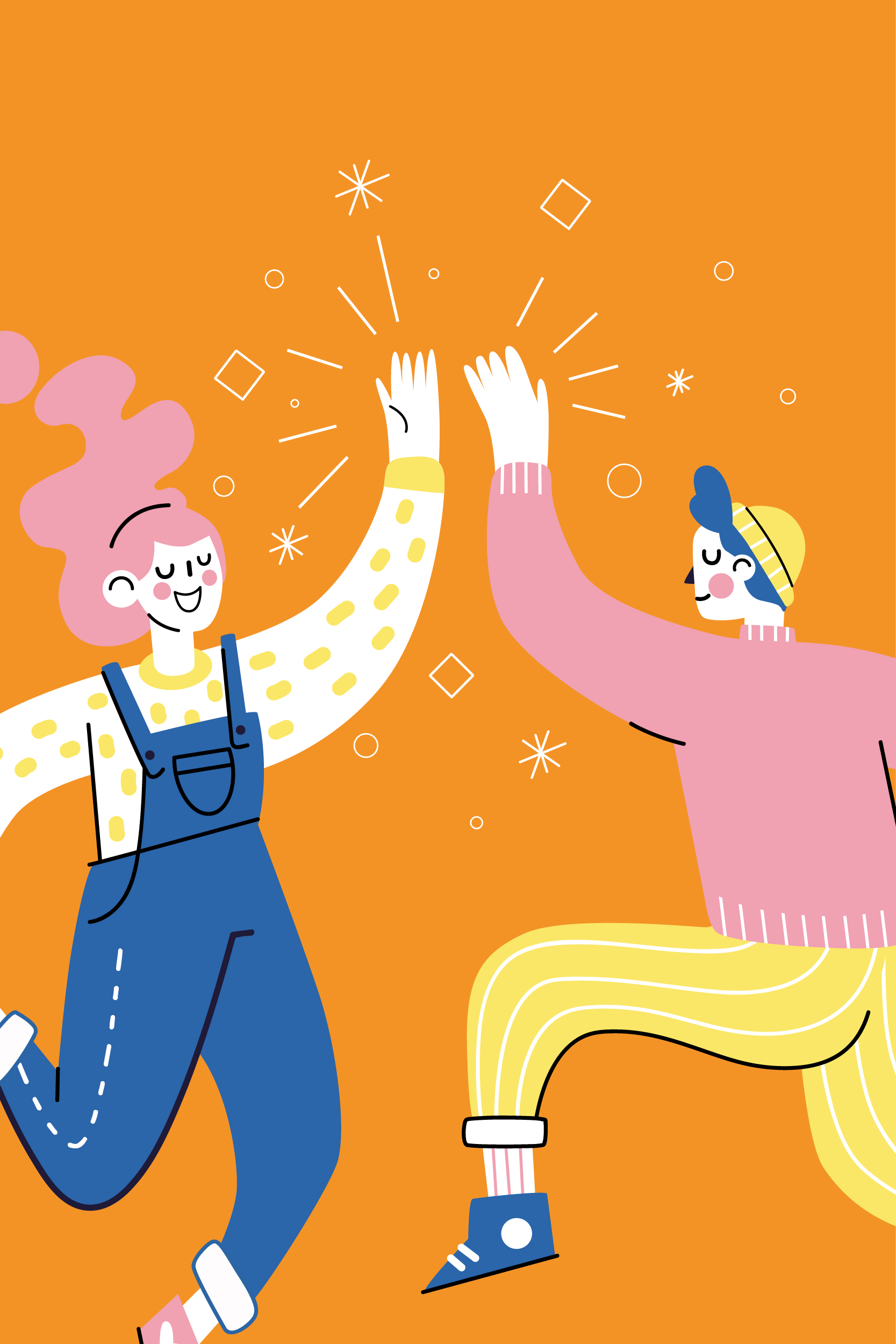 Illustration of two figures jumping and giving each other a high five