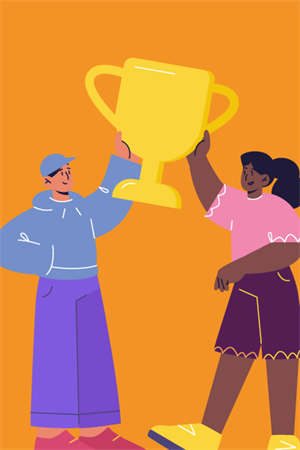 Illustration of 2 figures holding a trophy