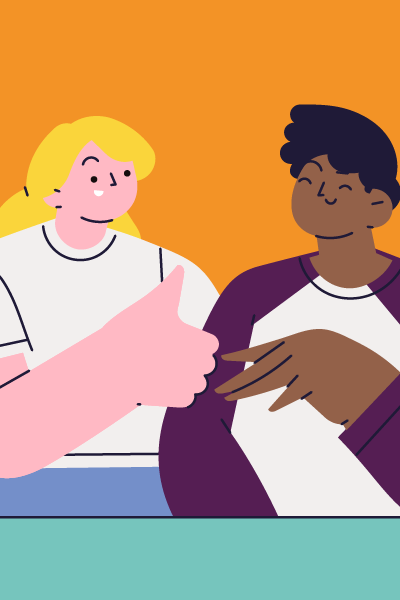 Illustration of two people sat next to each other talking