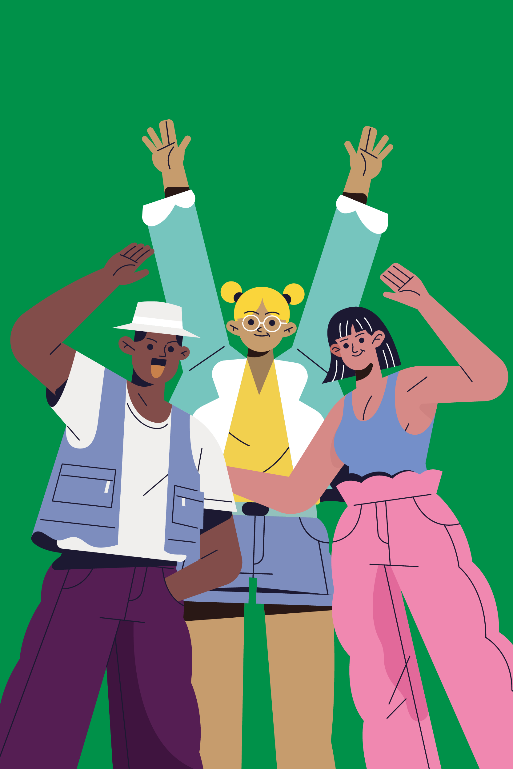 Illustration of group of 3 people with their hands in the air celebrating