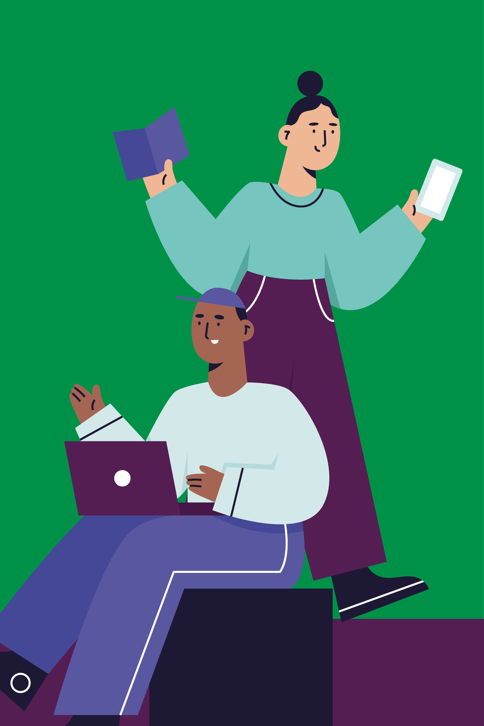 Illustration of 2 people, one sat down using a laptop and one standing holding a phone and book