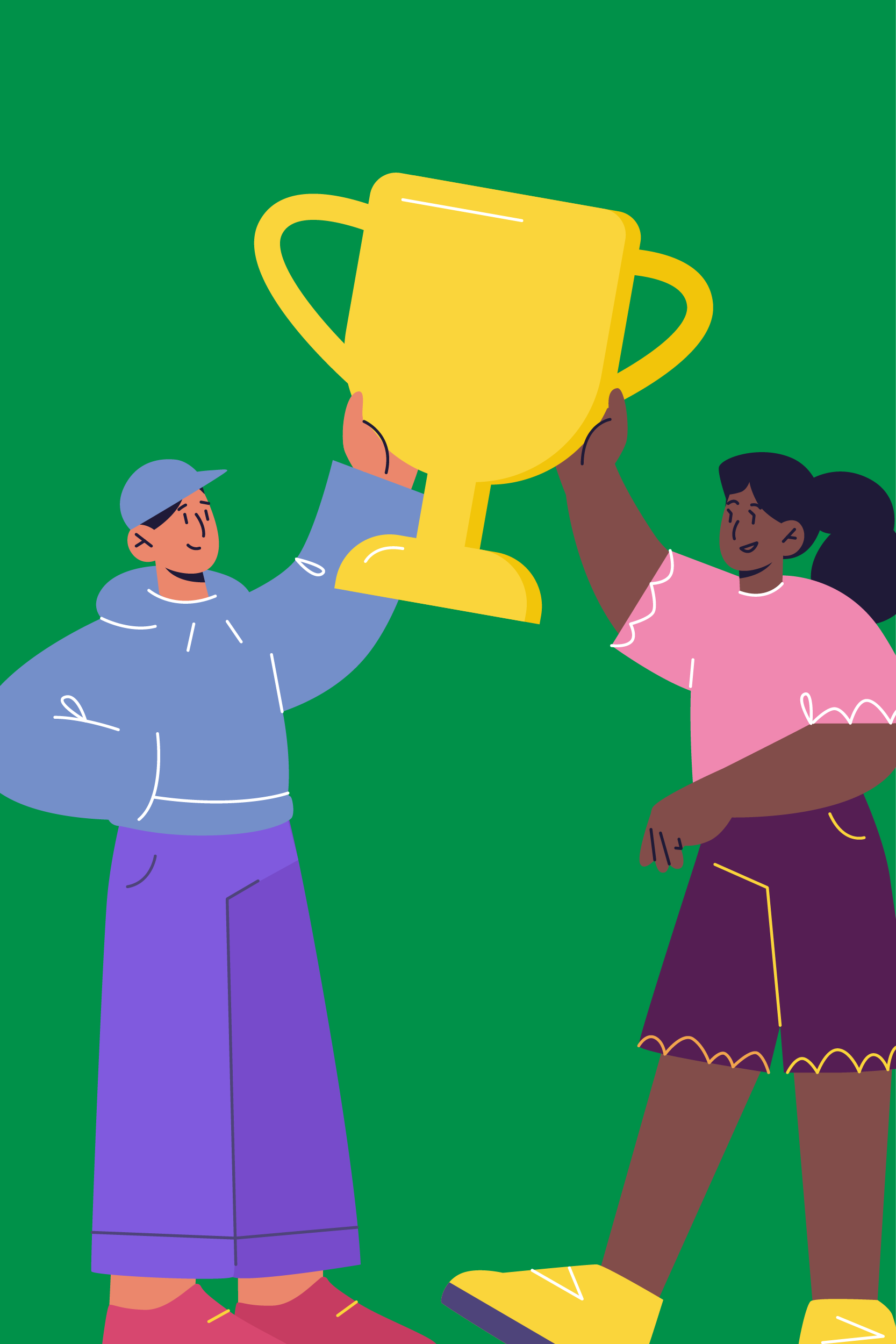 Illustration of 2 figures holding up a giant trophy