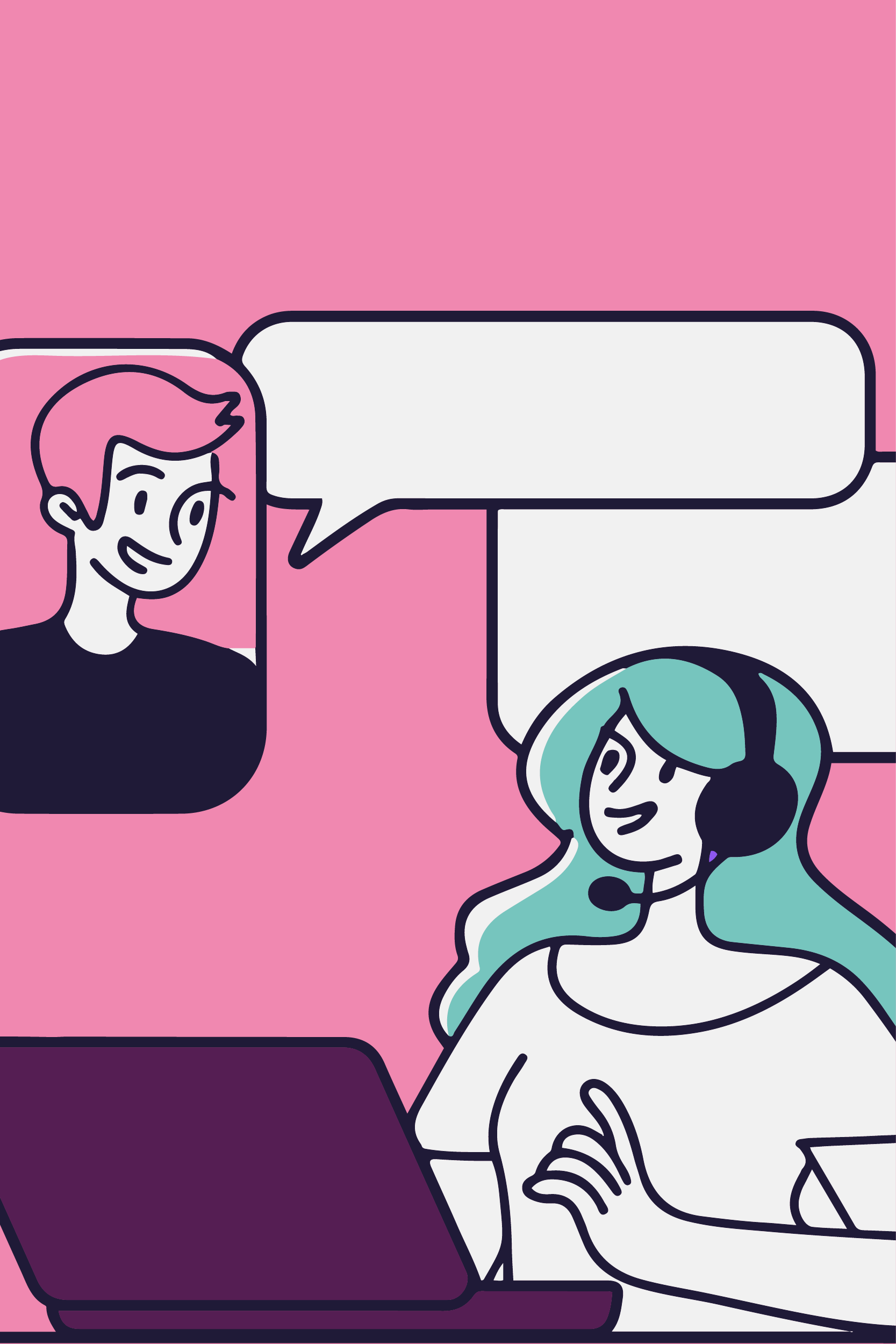 Illustration of someone sat at a laptop with a headset, talking to someone online