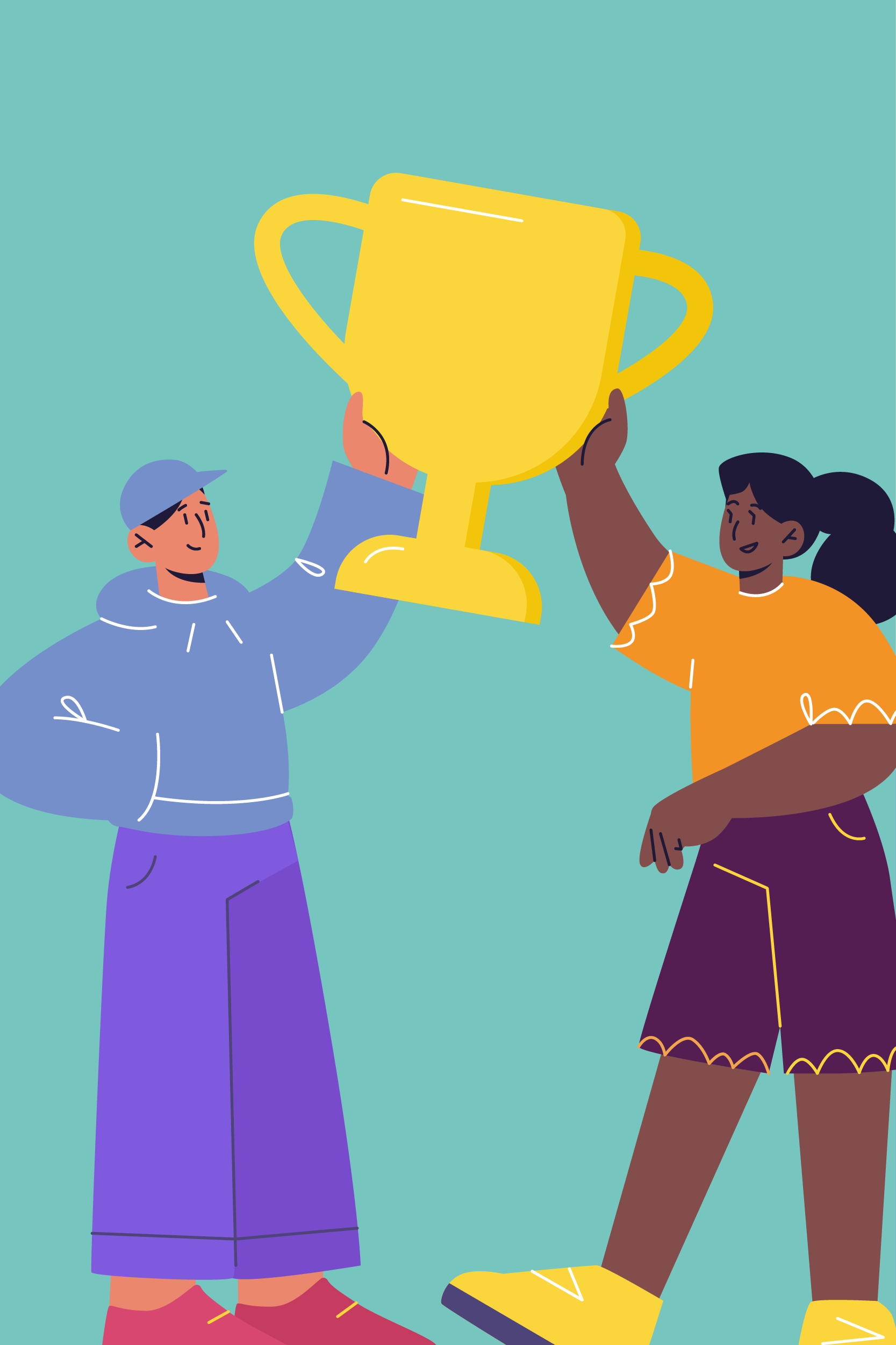 Illustration of 2 figures holding a trophy