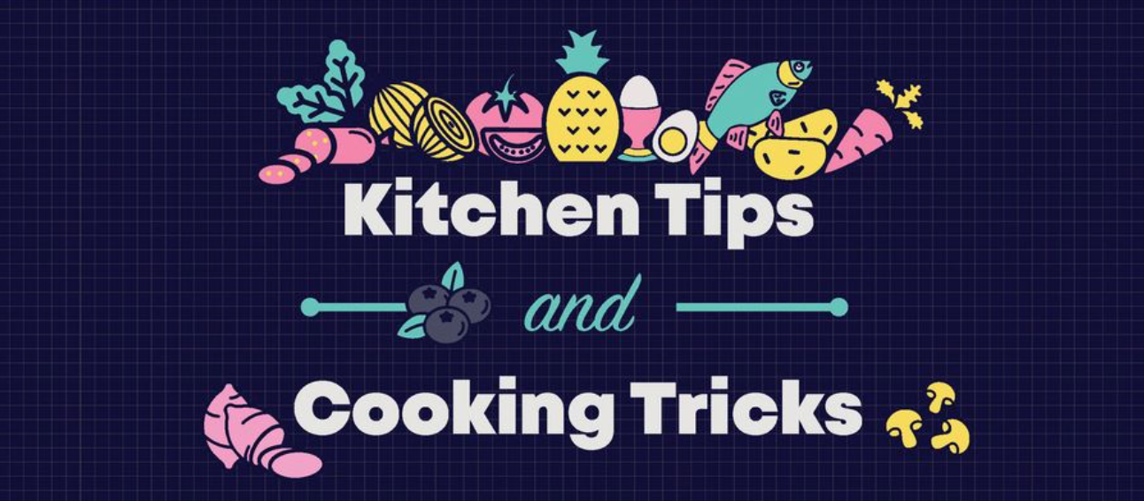 Imagery of food emojis and the words kitchen tips and cooking tricks. You can click this image to view the Students' Union cookbook