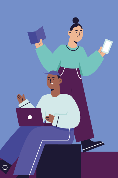 Illustration of 2 people, one sat with a laptop and one stood with a phone and book