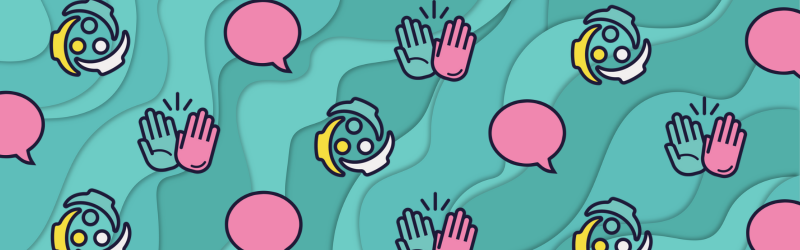 Clapping hands, a speech bubble, and three figures in a huddle on a blue wavy background.