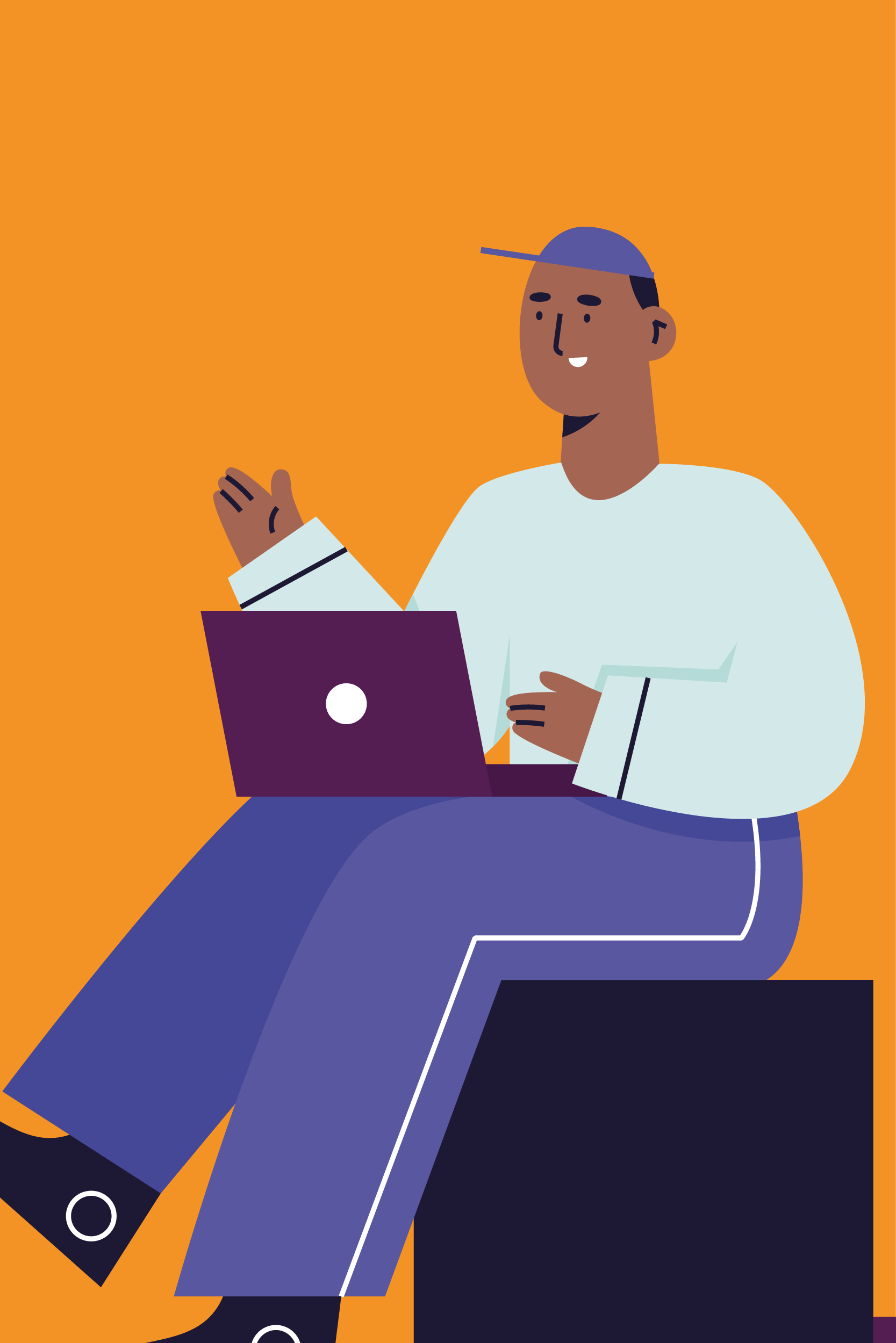 Photo of student standing in front of a flag, talking to someone off camera