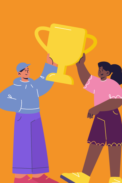 Illustration of two people holding a trophy