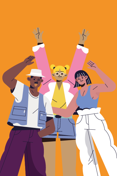 Illustration of 3 people standing with their hands in the air in celebration