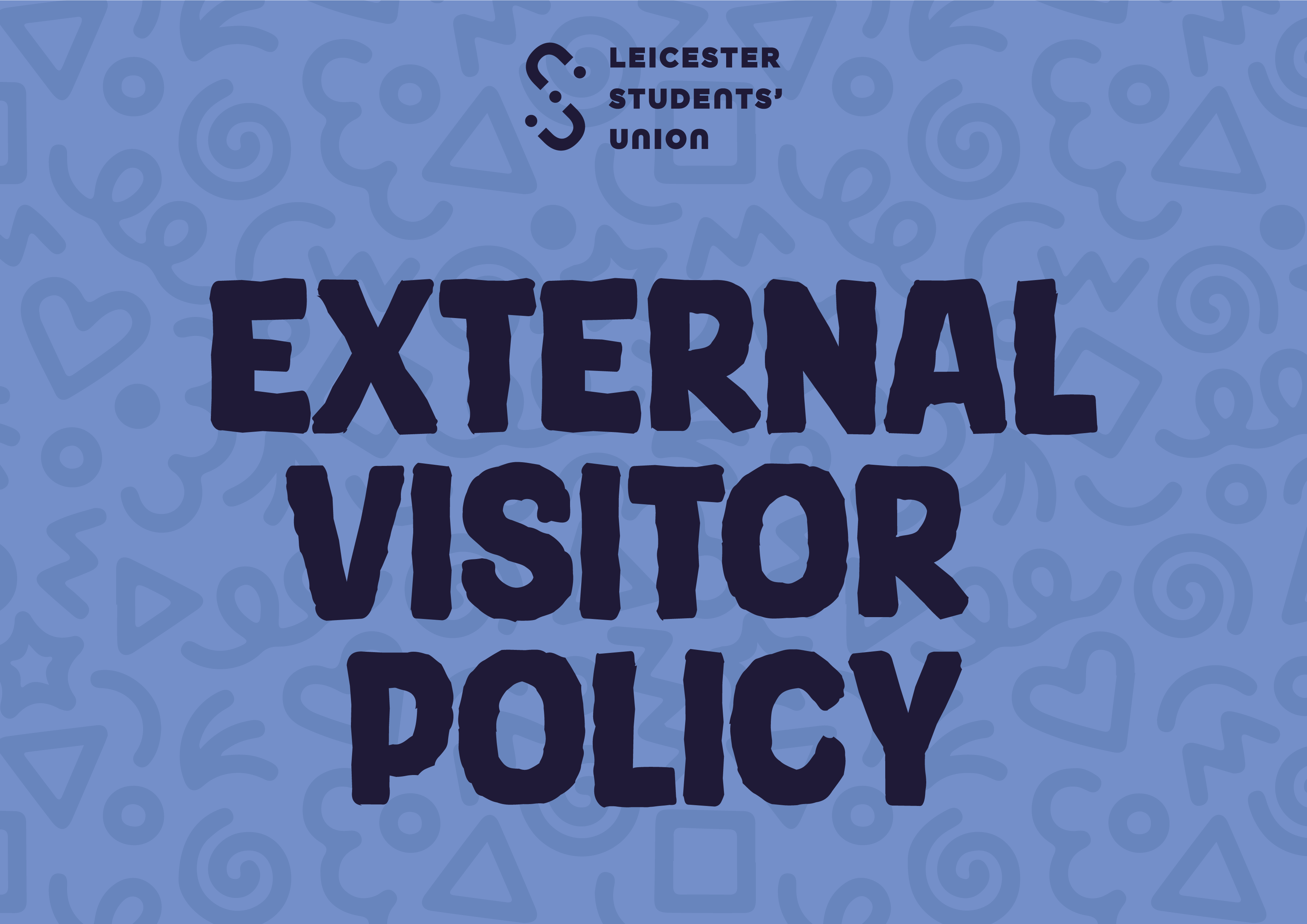 Blue graphic saying "External Visitor Policy" in navy text