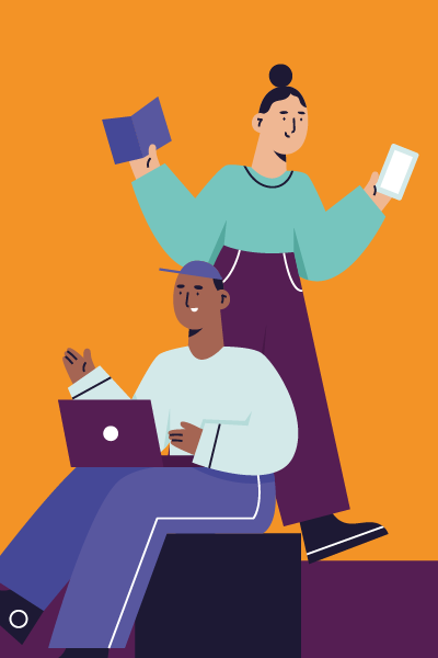 Illustration of two people, one sat with a laptop, one standing holding a phone and book