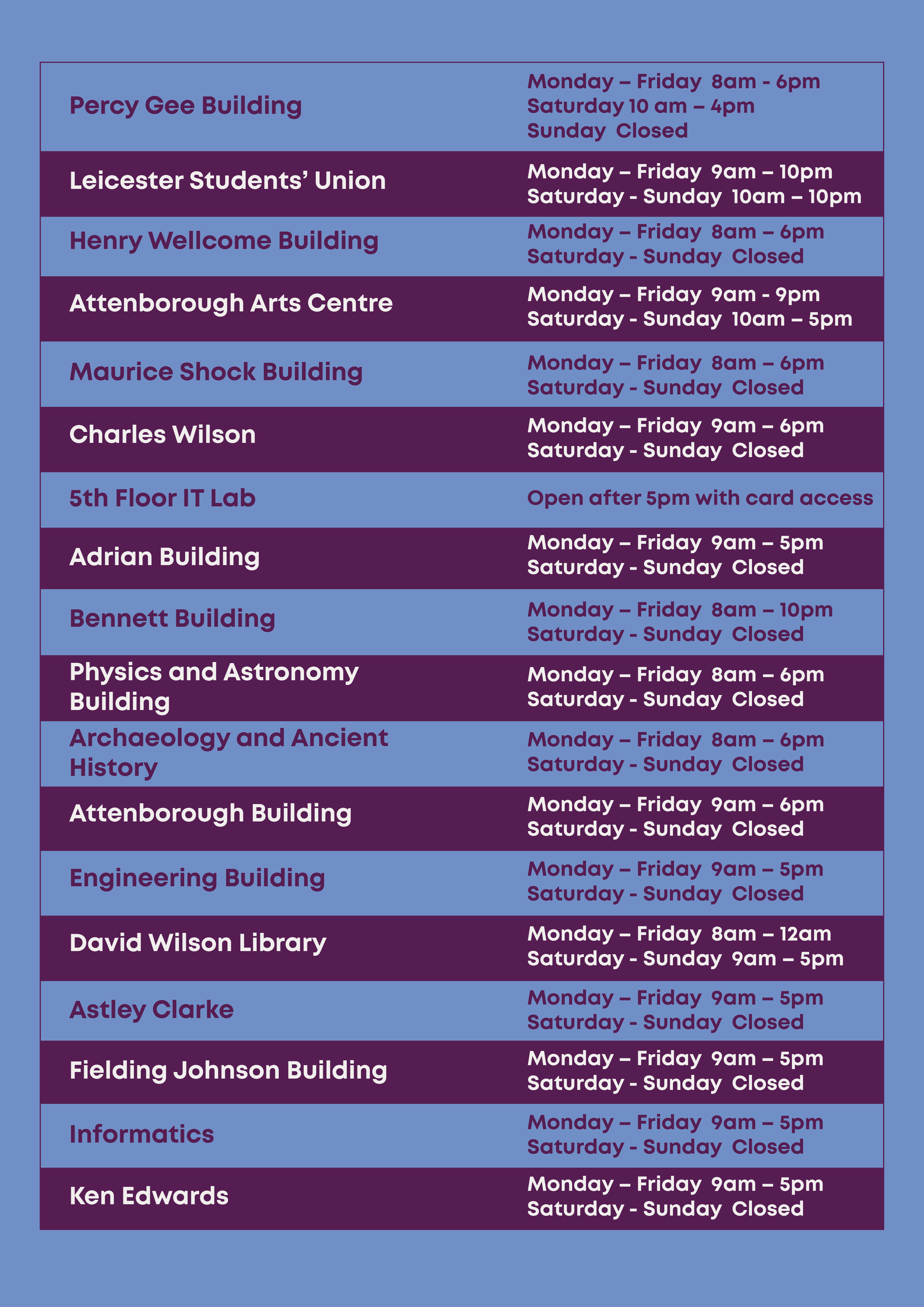 Building hours: o	Percy Gee Building o	Monday – Friday ?	8am - 6pm o	Saturday ?	10 am – 4pm o	Sunday ?	Closed o	Leicester Students’ Union o	Monday – Friday ?	9am – 10pm o	Saturday and Sunday ?	10am – 10pm o	Henry Wellcome Building o	Monday – Friday ?	8am – 6pm o	Saturday and Sunday ?	Closed o	Attenborough Arts Center o	Monday – Friday ?	9am - 9pm o	Saturday and Sunday ?	10am – 5pm o	Maurice Shock Building o	Monday – Friday ?	8am – 6pm o	Saturday and Sunday ?	Closed o	Charles Wilson  o	Monday – Friday ?	9am – 6pm o	Saturday and Sunday ?	Closed o	5th Floor IT Lab o	Open after 5pm with card access o	Adrian Building o	Monday – Friday ?	9am – 5pm o	Saturday and Sunday ?	Closed o	Bennett Building o	Monday – Friday ?	8am – 10pm o	Saturday and Sunday ?	Closed o	Physics and Astronomy Building o	Monday – Friday ?	8am – 6pm o	Saturday and Sunday ?	Closed o	Archaeology and Ancient History o	Monday – Friday ?	9am – 5pm o	Saturday and Sunday ?	Closed o	Attenborough Building o	Monday – Friday ?	9am – 6pm o	Saturday and Sunday ?	Closed o	Engineering Building o	Monday – Friday ?	9am – 5pm o	Saturday and Sunday ?	Closed o	David Wilson Library o	Monday – Friday ?	8am – 12am o	Saturday and Sunday ?	9am – 5pm o	Astley Clarke o	Monday – Friday ?	9am – 5pm o	Saturday and Sunday ?	Closed o	Fielding Johnson Building o	Monday – Friday ?	9am – 5pm o	Saturday and Sunday ?	Closed o	Informatics o	Monday – Friday ?	9am – 5pm o	Saturday and Sunday ?	Closed o	Ken Edwards o	Monday – Friday ?	9am – 5pm o	Saturday and Sunday ?	Closed