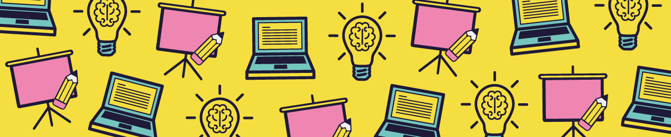A collection of emojis in pink, yellow, and dark purple. Emojis include a presentation screen with pencil, laptop, and lightbulb.