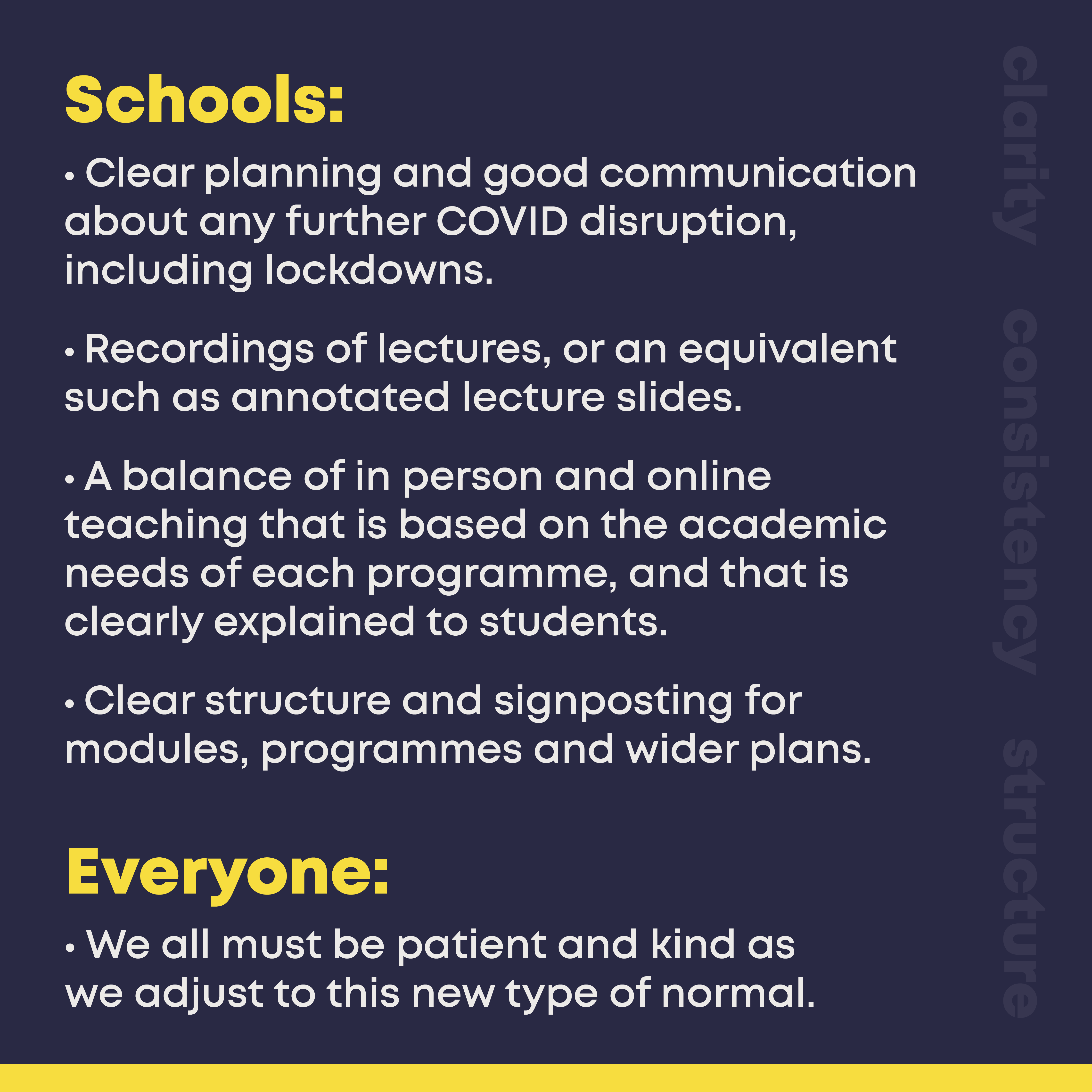 Schools:  • Clear planning and good communication about any further COVID disruption, including lockdowns. • Recordings of lectures, or an equivalent such as annotated lecture slides. • A balance of in person and online teaching that is based on the academic needs of each programme, and that is clearly explained to students. • Clear structure and signposting for modules, programmes and wider plans. Everyone:  • We all must be patient and kind as we adjust to this new type of normal.