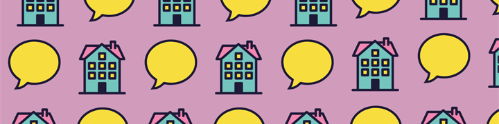 Two emojis repeated across a pink background. One if a house and the other is a speech bubble.