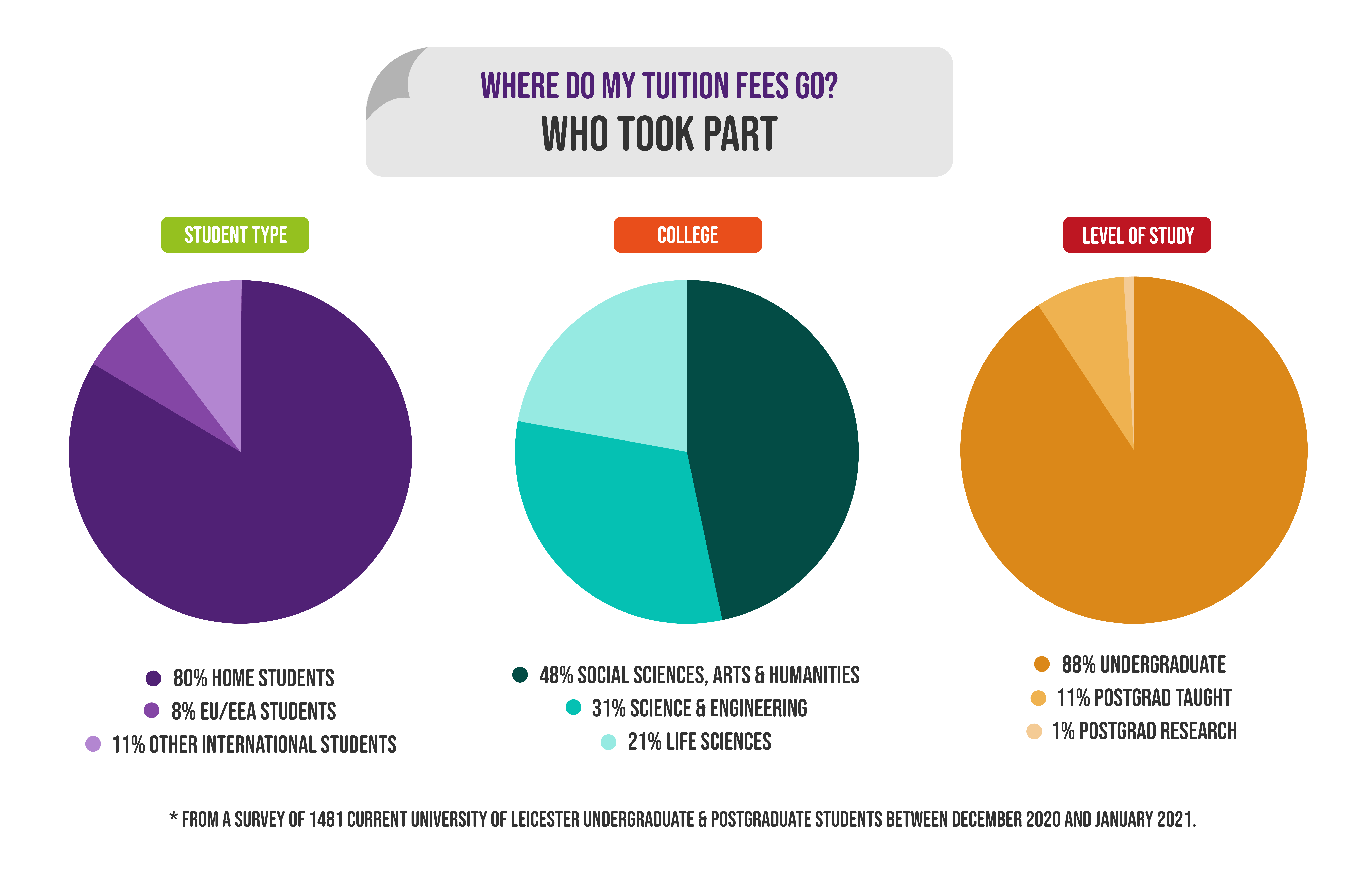 Pie chart showing who took part in the tuition fees survey. Student type was 80% home/domestic students, 8% EEA/EU, 11% other international. Colleges students were from: 48% social sciences, arts & hums, 31% science and engineering, and 21% life sciences. Level of study was 88% undergraduate, 11% postgraduate taught, and 1% postgraduate research