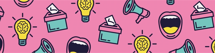 Collection of emojis in colours pink, yellow, dark purple and light blue. Emojis include a lightbulb, ballot box, megaphone, and mouth.