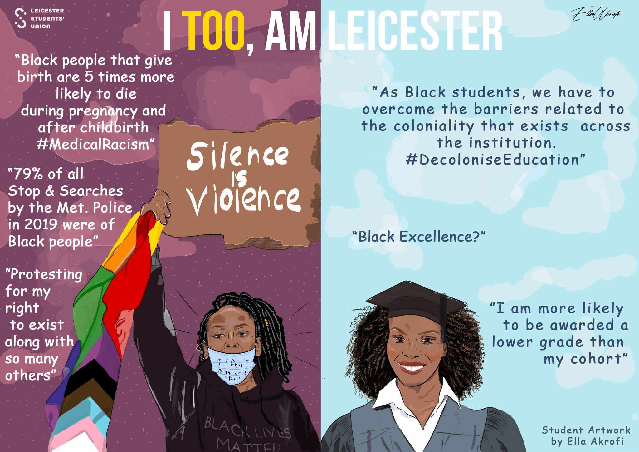 I Too, Am Leicester. Illustration featuring a blakc women protesting and a blakc women in graduation attire. The figures are surrounded by quotes."Black people that give birth are 5 times more likely to die during pregnancy and after childbirth #Medical Racism" "79% of all Stop & Searches by the Met. Police in 2019 were of Black people" "Protesting for my right to exist along with so many others" I SANTFA Fallknop "As Black students, we have to overcome the barriers related to the coloniality that exists across the institution. #DecoloniseEducation" "Black Excellence?" "I am more likely to be awarded a lower grade than my cohort" 