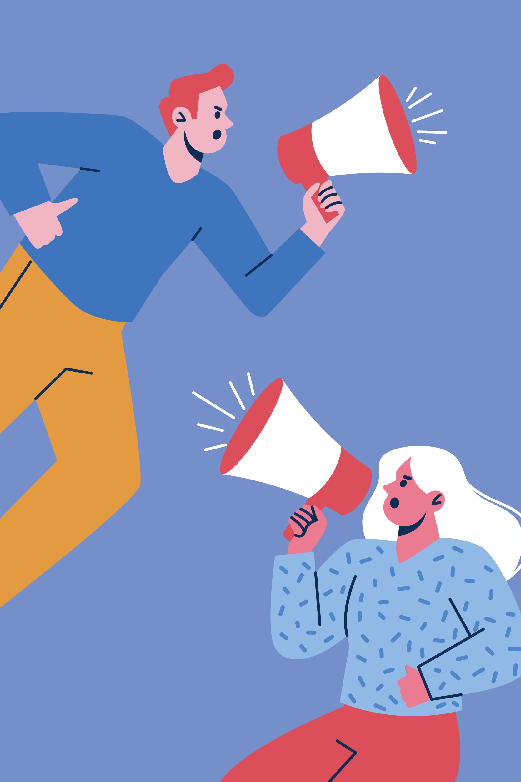 Illustration of 2 figures talking into megaphones
