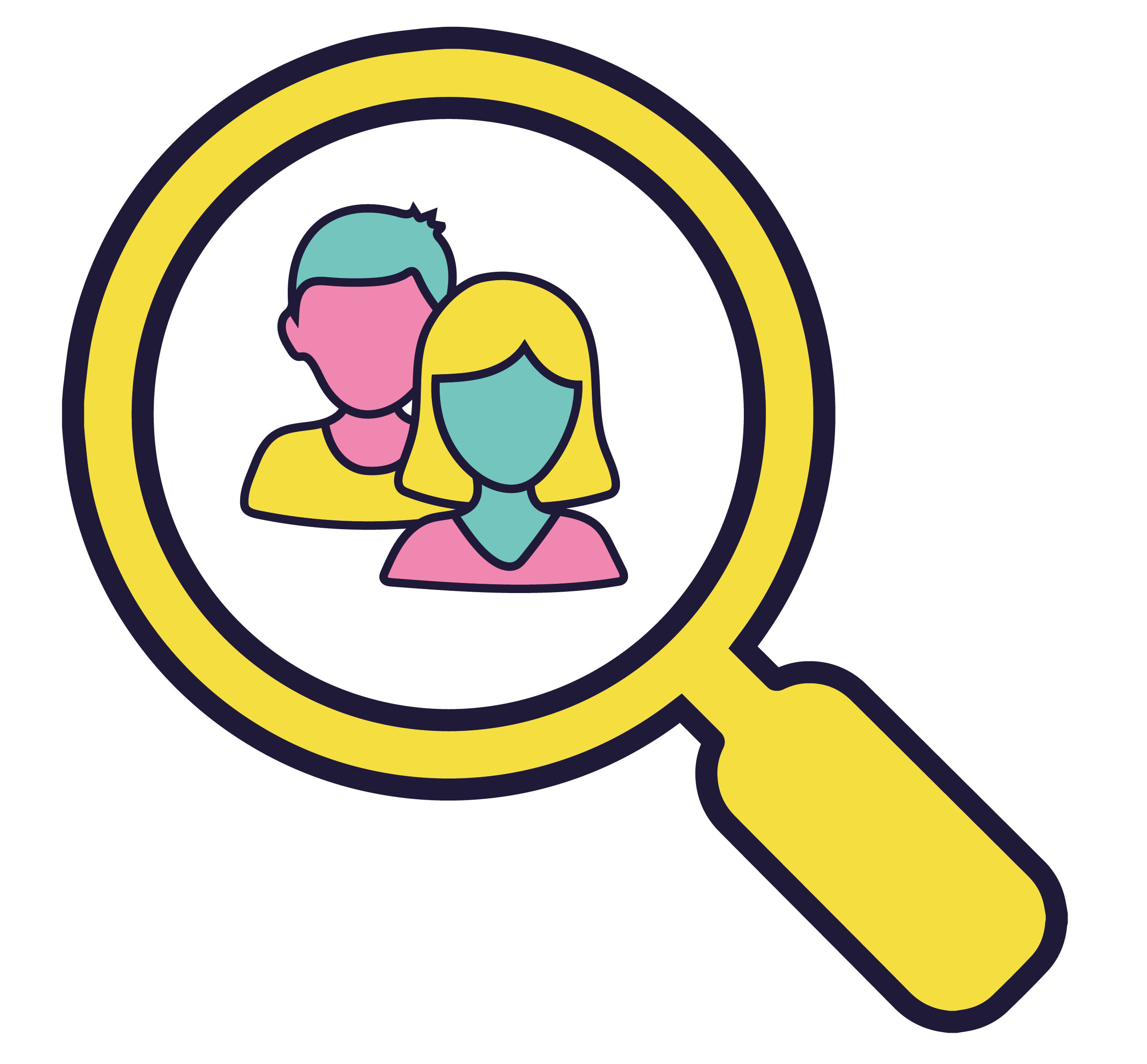 illustration of magnifying glass with 2 headshots of people inside