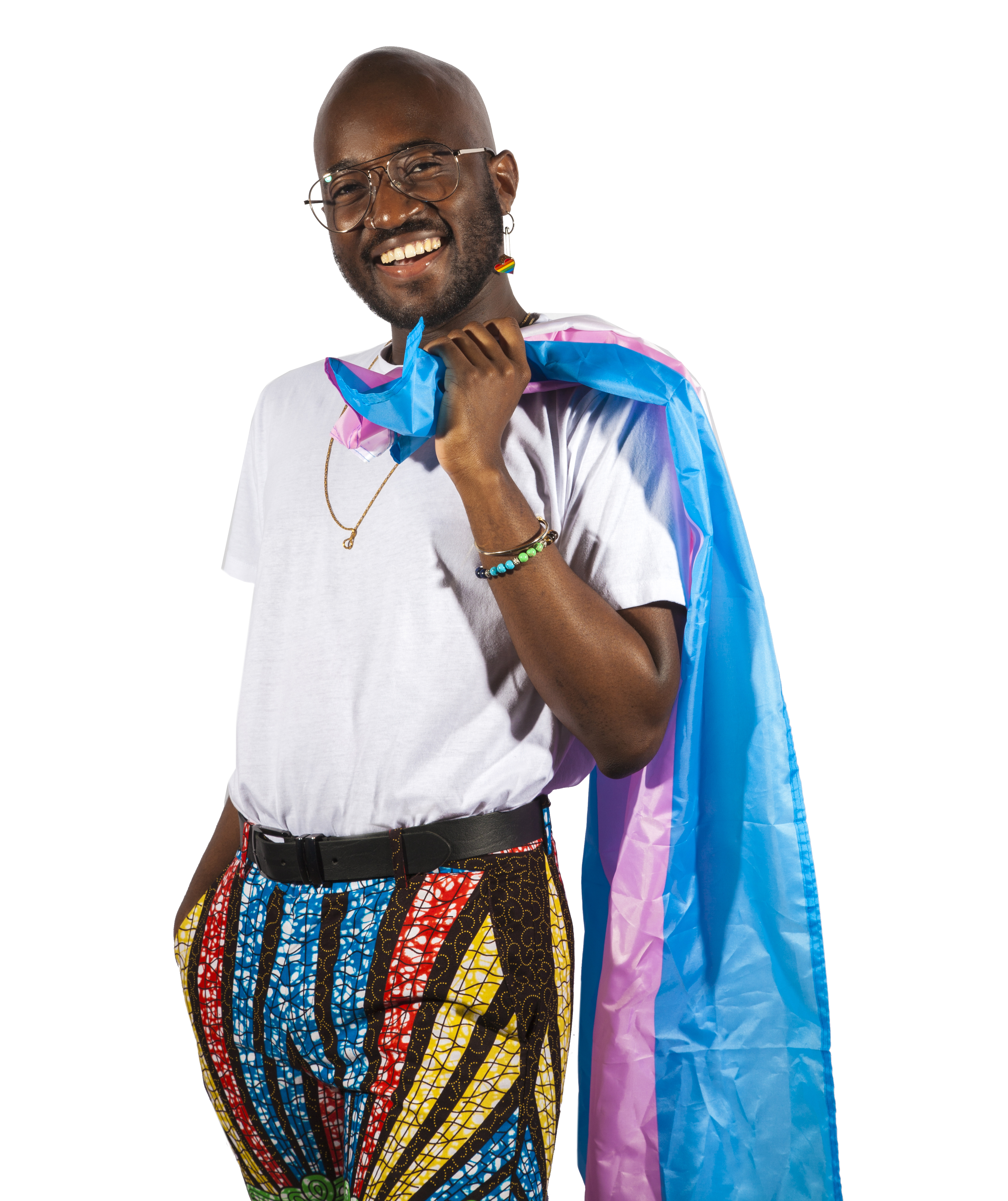 tony, a black man, holding a trans pride flag over his shoulder