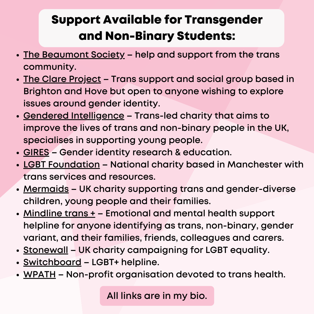 Support Available for Transgender and Non-Binary Students: The Beaumont Society - help and support from the trans community. The Clare Project - Trans support and social group based in Brighton and Hove but open to anyone wishing to explore issues around gender identity. Gendered Intelligence – Trans-led charity that aims to improve the lives of trans and non-binary people in the UK, specialises in supporting young people. GIRES – Gender identity research & education. • LGBT Foundation – National charity based in Manchester with trans services and resources. Mermaids - UK charity supporting trans and gender-diverse children, young people and their families. Mindline trans + - Emotional and mental health support helpline for anyone identifying as trans, non-binary, gender variant, and their families, friends, colleagues and carers. • Stonewall – UK charity campaigning for LGBT equality. Switchboard - LGBT+ helpline. WPATH - Non-profit organisation devoted to trans health. All links are in my bio.