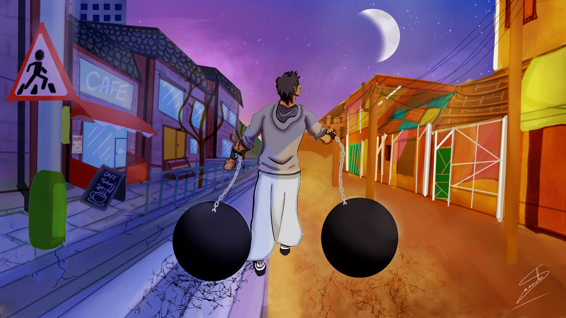 illustation of a figure with ball on chain standing in a streat. On one side the street in modern with cafes and the other is more traditional 