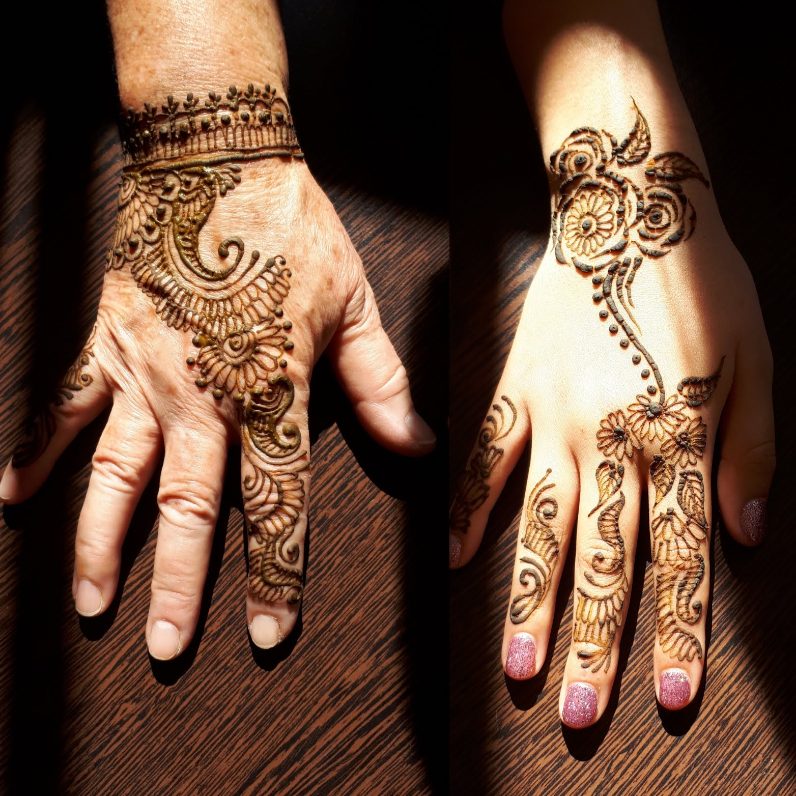 Photograph of two hands with Henna designs on them. One hand is old and the other is young.