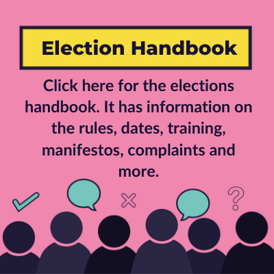 Button is titled 'Election Handbook' and says Click here for the elections handbook. It has information on the rules, dates, training, manifestos, complaints and more.