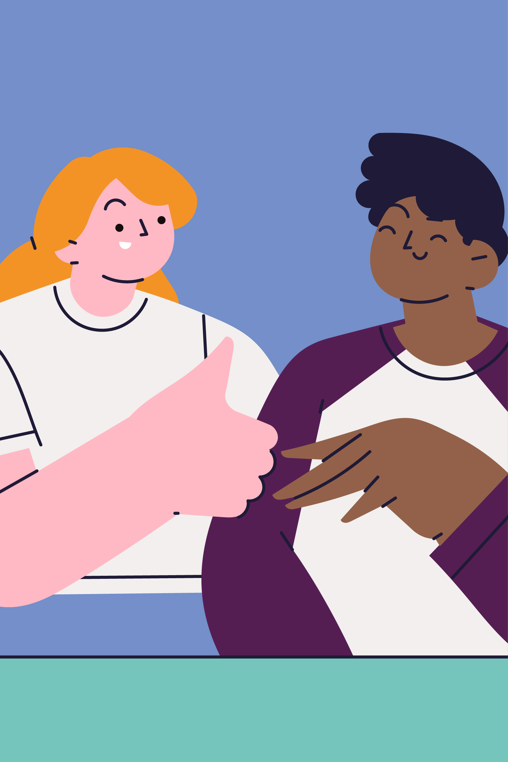 Illustration of two figures sat next to each other having a conversation