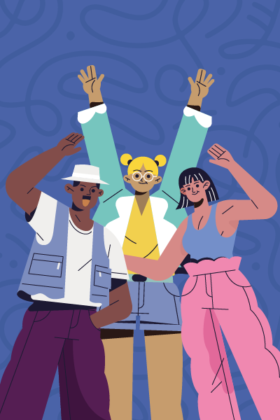 Illustration of group of students with their hands in the air in celebration