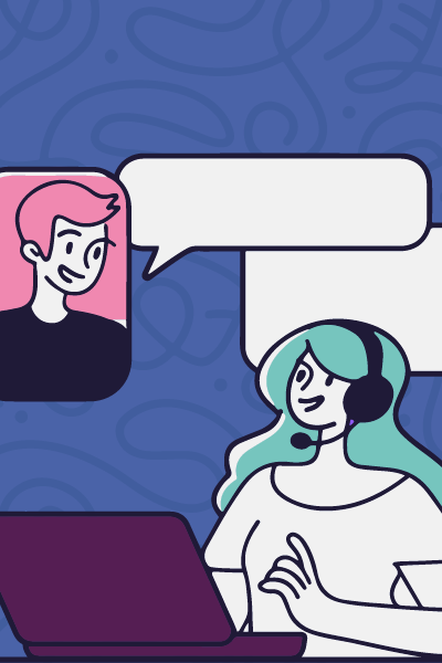 Illustration of a figure with laptop and headset having a conversation with someone
