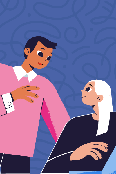 Illustration of 2 figures having a conversation