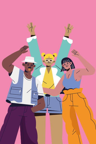 Illustration of 3 people standing together with their arms in the air in celebration