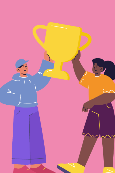 Illustration of 2 people holding a trophy