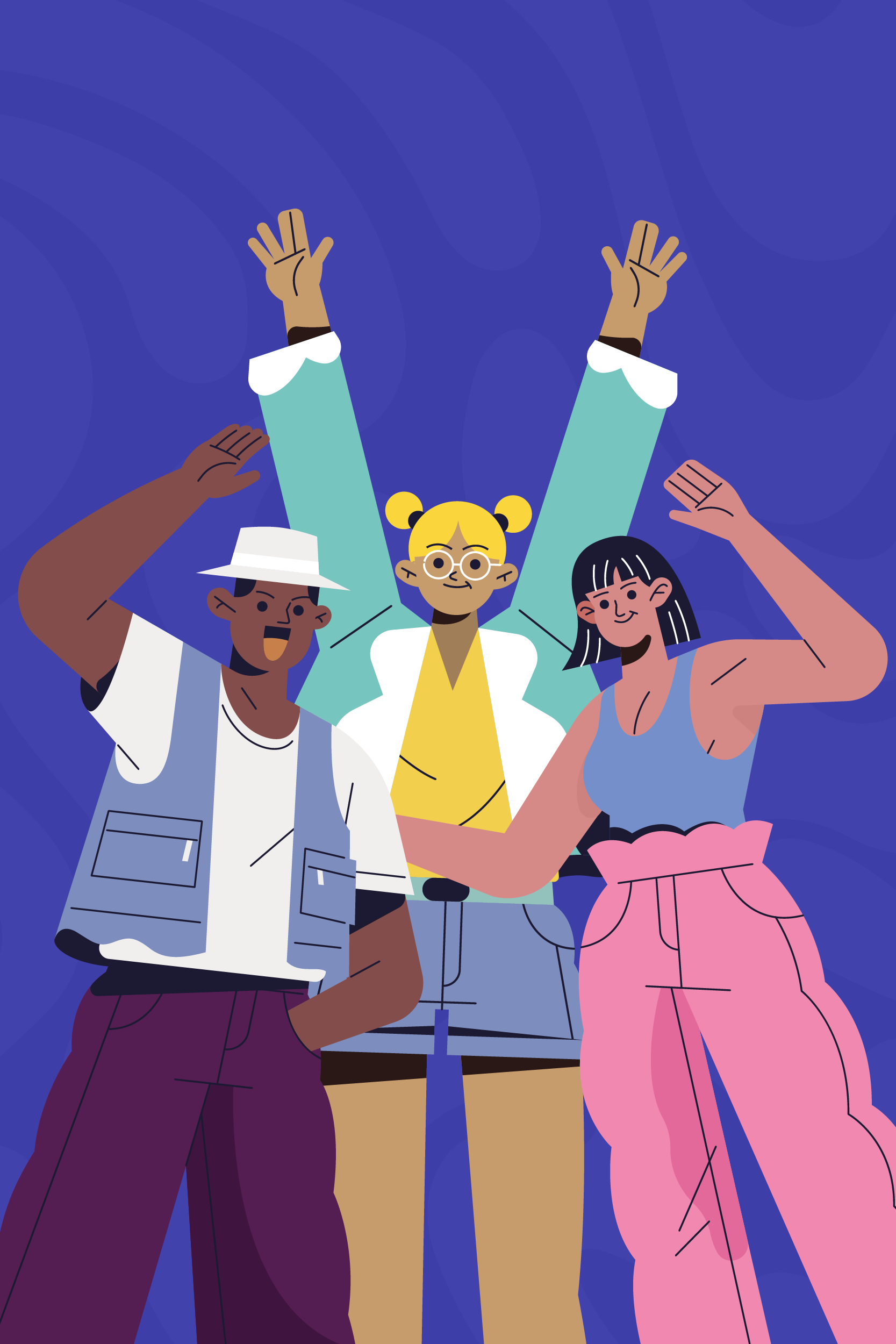 Illustration of 3 figures standing together with their arms in the air in celebration