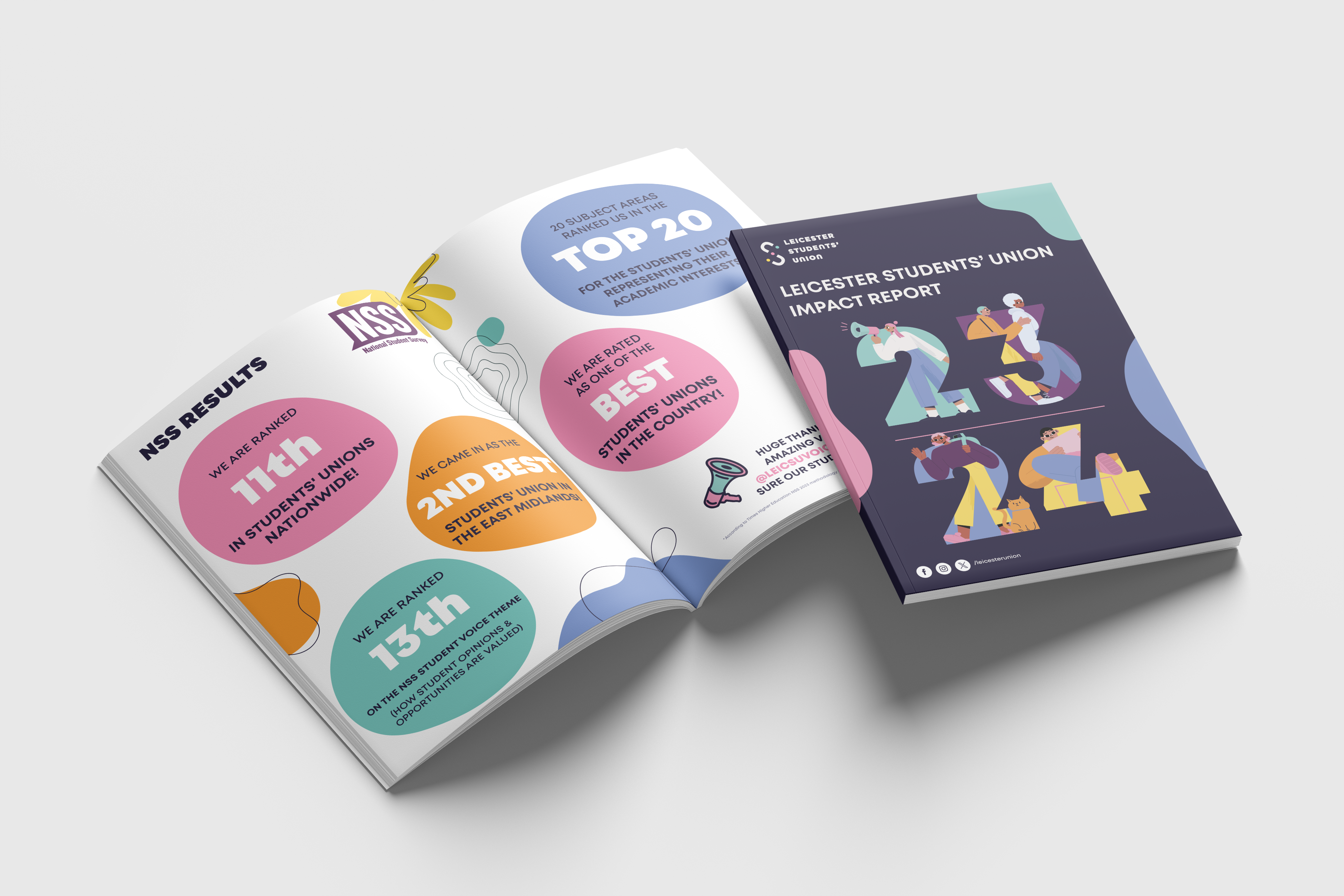 photo of 23/24 impact report booklet, with one copy open on a spread and one ontop showing the cover