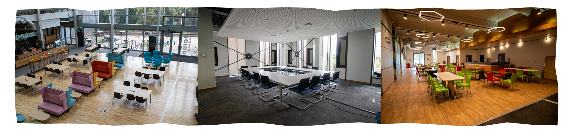 Photography of 3 different space. SU Square and open space with tables and chairs. The board room with a big table and seats around. And Gees, a collection of small tables with seats.
